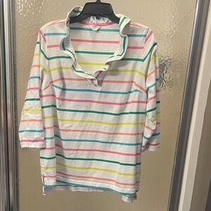 Striped Ruffle Collar Top in White with Rainbow Stripes